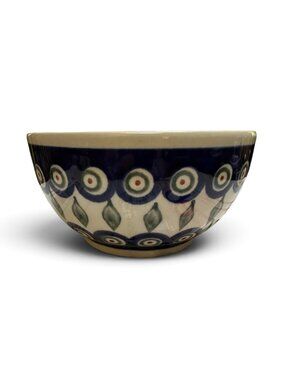 Vintage Zaklady Boleslawiec Polish Pottery Peacock Eye Blue Ceramic Bowl 5.5"